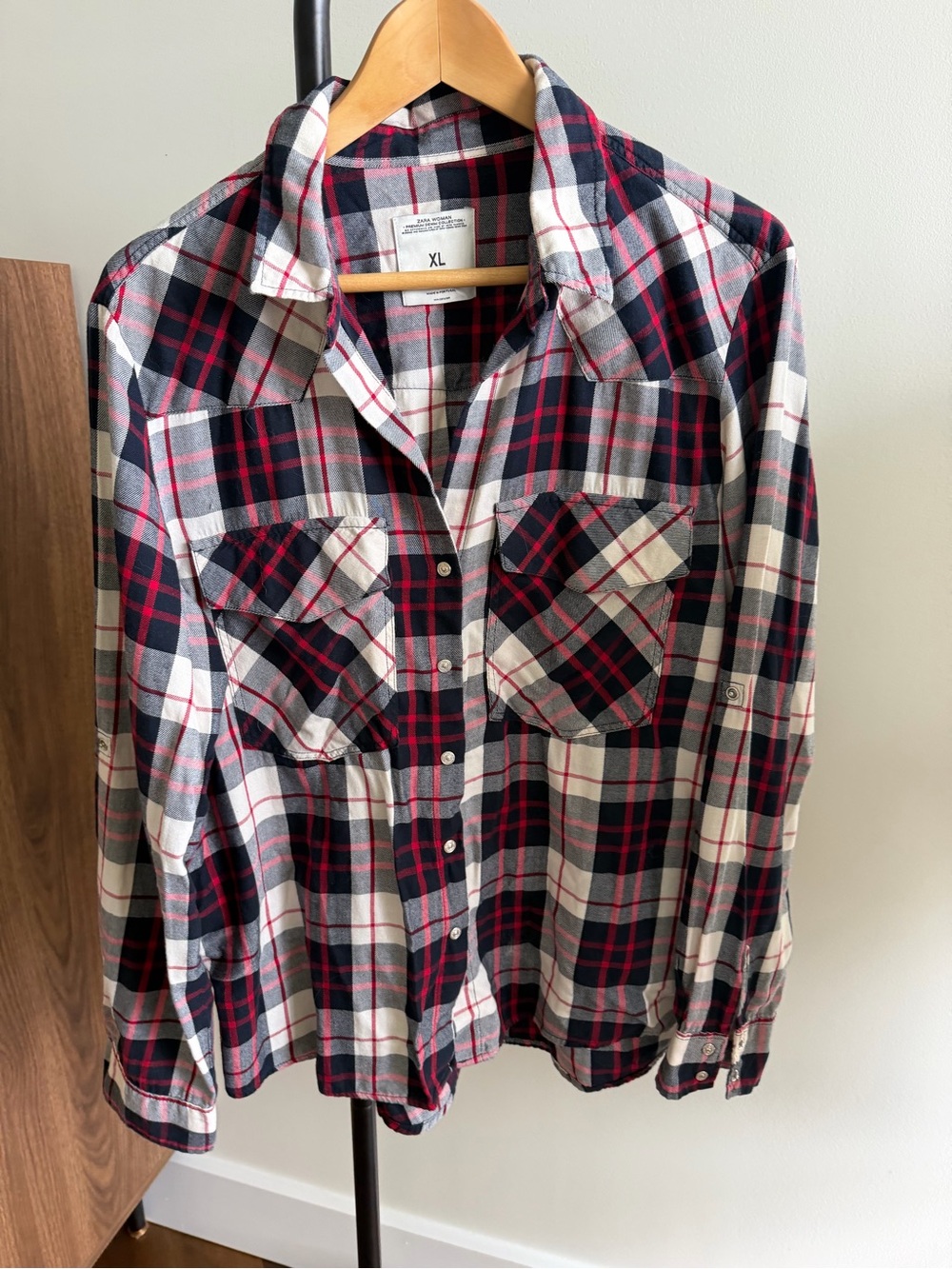 Zara Woman Premium Denim Collection Plaid Flannel Shirt Size XL
